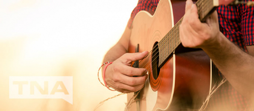 Country musician playing guitar in a sunny field