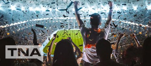 Sport fan cheering as confetti falls from the sports stadium roof
